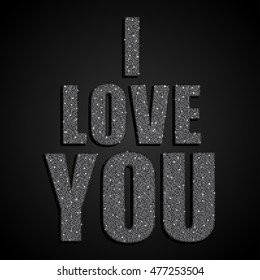 I love you of silver sequins. Text for card, background, banner, poster, flyer, header on Valentines Day. Declaration of love.  Blur, sparkle, sequins, mosaic, glitters titile on Valentine day.