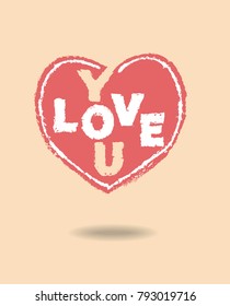 Love you simple lettering in vector with decorative heart doodle element. Elegant hand drawn design, poster, card or banner. Gentle colors