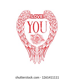 Love you sketch vector color illustration. Hand drawn angel wings and rose flower isolated clipart. Dating and romance doodle outline drawing. Valentine day greeting card, invitation, poster template