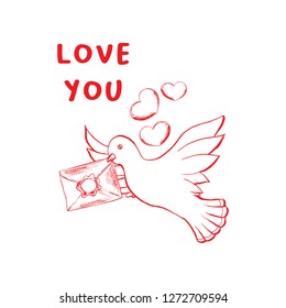 Love you sketch vector color illustration. Hand drawn angel wings and rose flower isolated clipart. Doodle outline drawing. Valentine day greeting card, dove holding envelope poster