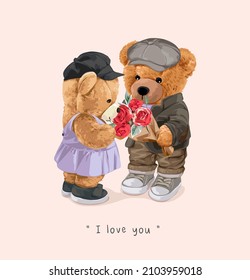 i love you slogan with bear doll lover couple holding bouquet of flowers vector illustration