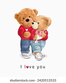 i love you slogan with cute bear doll lover couple hand drawn vector illustration
