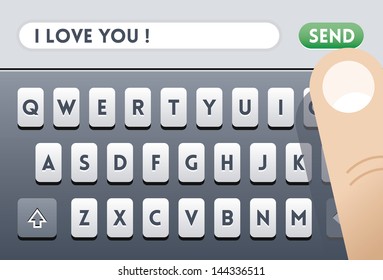 I love you! SMS message with human hand over Send button. Idea - New mobile technologies for communication, relationships and love, social networking.