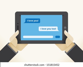 I love you SMS messages chat screen. Man holding tablet computer. Concepts: Social media networking, online (Facebook messenger, Whatsapp, Twitter) internet friendship, web dating, partner searching