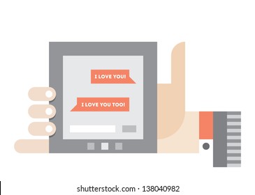 I love you and I love you too sms messages on internet tablet in human hand. Vector illustration.