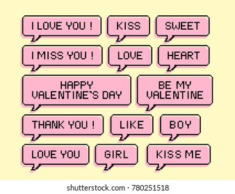 I love you speech bubble pixel art design concept. Valentine, kiss, love, like, miss you, be my valentine.