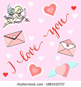 
I love you. Stickers, hearts, cupid, angel, letters. The 14th of February. Day of all loved ones.