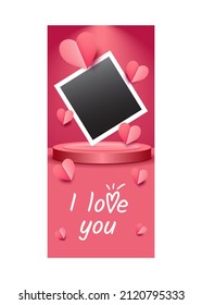 I Love You! Story Vector Banner, Phone Wallpaper With Lettering, Text. Pink Paper Hearts On Rose Background. Declaration Of Love. Congratulations On The Day Of Mom, Dad. Happy Valentine's Day!