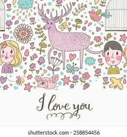 I love you - stylish romantic card made of flowers, couple of lover, ship, owl, deer, birds, stars and hearts in bright colors in vector. Sweet concept background for romantic design