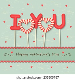 I Love you sweet candy with frame and ribbon on hearts background. vector.