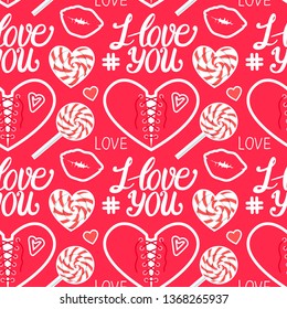 I love you sweet seamless pattern. Heart corset, caramel, kiss, lollipop and lettering type. Vector illustration isolated on red background