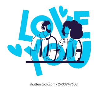 Love You Text with Cartoon Couple Character on White Background.