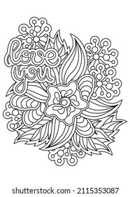I love you, text. Coloring page with floral elements. Hand drawn flowers, vector illustration.