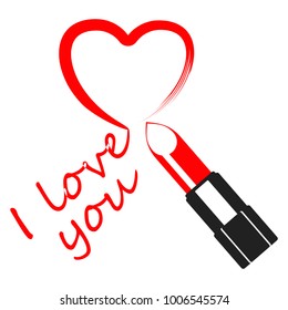 I love you. Text, declaration of love, inscription written of lipstick. Flat vector cartoon illustration. Objects isolated on white background.