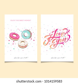 I Love You text design with decorative elements and donuts. Cards set, vector illustration, lettering. Hearts and stars pattern design. Valentine’s Day template for a poster, cards, background.