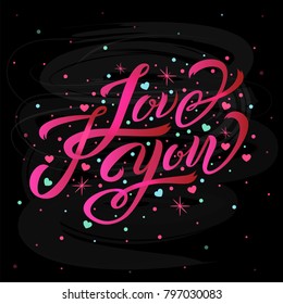 I Love You text design with decorative elements on chalk board background. Vector illustration. I Love You lettering. Hearts and stars pattern design. Template for a poster, cards, banner, background.