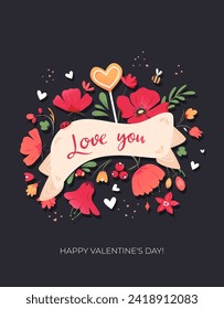 Love you text. Flower ribbon. Poppies and hearts spring bouquet. Retro vintage greeting card to celebrate St Valentines Day on february 14. Hand drawn vector illustration.