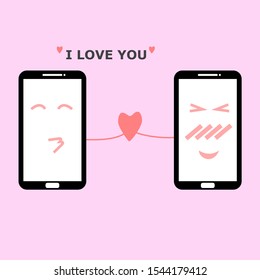 I LOVE YOU Text. Giving love via mobile phone. design for Valentine's day festival on pink background. Expressing love. Vector illustration. Sending a kiss to your lover