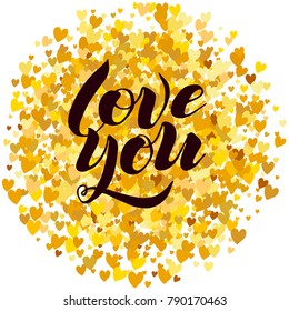 Love you text with golden hearts for greeting card or banner.  Vector holiday illustration. Valentines day.