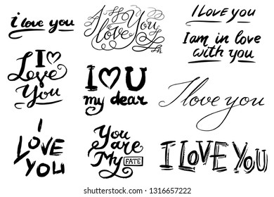 I love you text. Hand drawn lettering. Collection of grunge Elements. Typography Brush. Set of Illustration for banner, poster and greeting card.