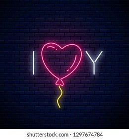 Love you text with heart baloon in neon style. Happy Valentines Day neon glowing festive sign on a dark brick wall background. Holiday greeting card with lettering. Vector illustration.