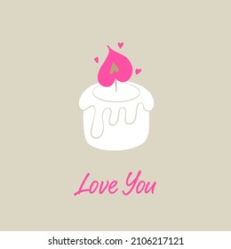 Love you text. Heart shaped burning candle. Valentine’s Day love card.
