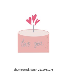Love you text Heart shaped burning candle Valentines Day love card