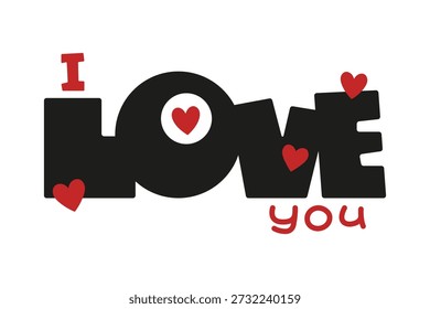 I Love You text and hearts. Colored silhouette. Horizontal front view. Vector simple flat graphic illustration, hand drawn. Isolated object on a white background.