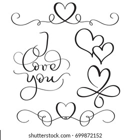 I love you text with hearts on white background. Hand drawn Calligraphy lettering Vector illustration EPS10