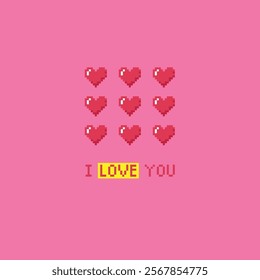 I love you text with hearts pixel card. Vectro illustration for Valentine's day.