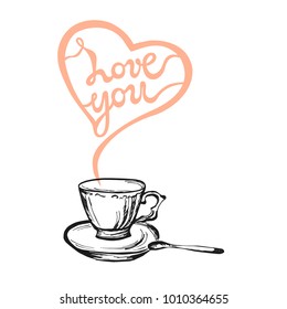 Love You text isolated on white background. Love You hand drawn lettering as Valentines Day card. Template for banner, poster, web, menu, coffee shop, greeting card. Design element. 