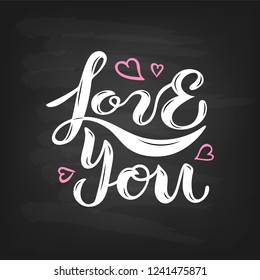 Love You text isolated on black background. Handwritten lettering Love You as logo, badge, icon, patch, sticker. Template for St. Valentine's Day, invitation, party, greeting card, web, wedding.
