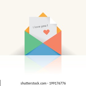 I love you text letter with red heart in colorful envelope