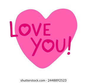 Love You Text Lettering and Heart Shape Vector illustration. Doodle Kid style Hand-drawn Icon on White Background. Valentines Day