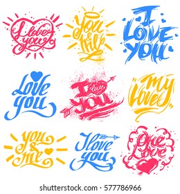 I love you text lettering and love heart with arrow. Vector hand drawn paint brush illustration for romantic valentine day or wedding greeting card design