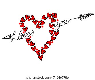 I love you text in with little hearts isolated on the white background. Love symbol for greeting card. 