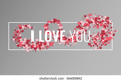I love you. Text on the abstract grey background with hearts. Stock vector.