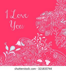 I Love you text on pink background with floral nature ornament with roses, flowers, bluebell, campanula, bellflower, leaves, branches. Vector illustration eps 10. For valentines day design concept. 