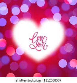 Love you text on romantic card, heart, valentine, unfocused bokeh background, vector illustration