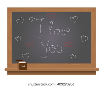 I love you text on a school blackboard written with chalk.