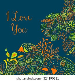 I Love you text on teal background with floral nature ornament with roses, flowers, bluebell, campanula, bellflower, leaves, branches. Vector illustration eps 10. For valentines day design concept. 