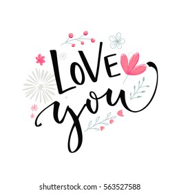 Love you text with pink flowers and branches. Valentine's day card vector design with modern calligraphy.