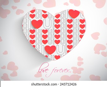 I Love You text and red little hearts in a big heart shape on decorated shiny background for Happy Valentine's Day celebration.