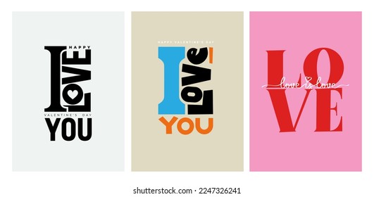 I love you text. Set of declaration of love for print. Congratulations to your loved one. Modern lettering minimalism colored logo. Happy Valentine's Day set of simple cards, banners or backgrounds.