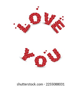 Love You text with small red hearts, isolated on white background with copy space for advertisement or promotion content. Vector illustration. Valentine's day, spring and holiday concept