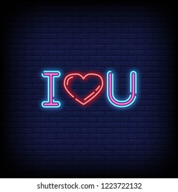 i love you text and love symbol neon sign and a brick wall background. vector illustration