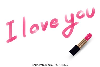I love you text write by Lipstick pink color isolated on white background, with copy space