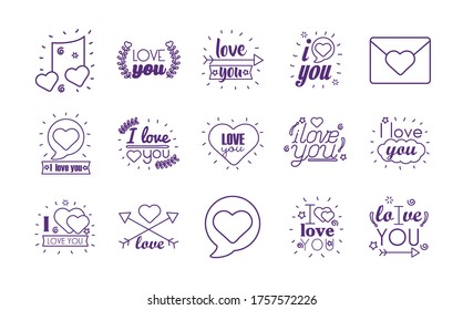 I love you texts line style icon set design of Passion and romantic theme Vector illustration