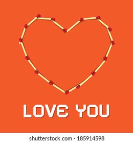 I Love You Theme, Safety Matches Heart on Orange Background 