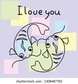 I love you. Two Koi carp. Hand drawn romantic cards. Vector.